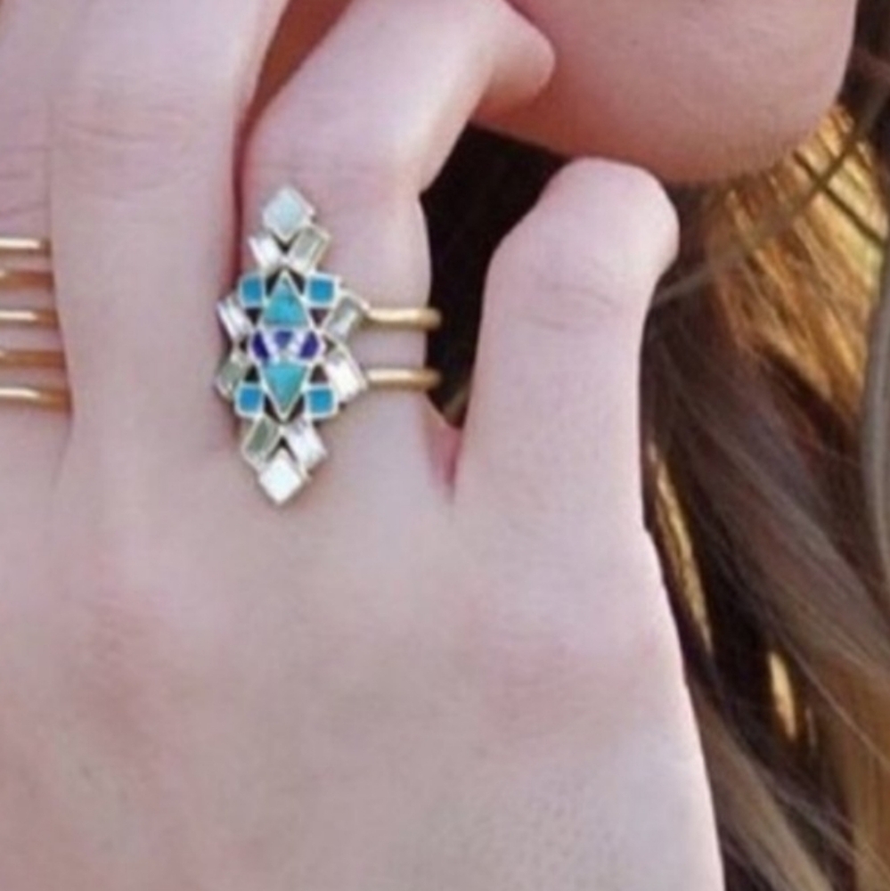 Stella & Dot Enamel Turquoise, Cobalt, & Crystal Tile Statement Ring, Retired - Picture 3 of 8